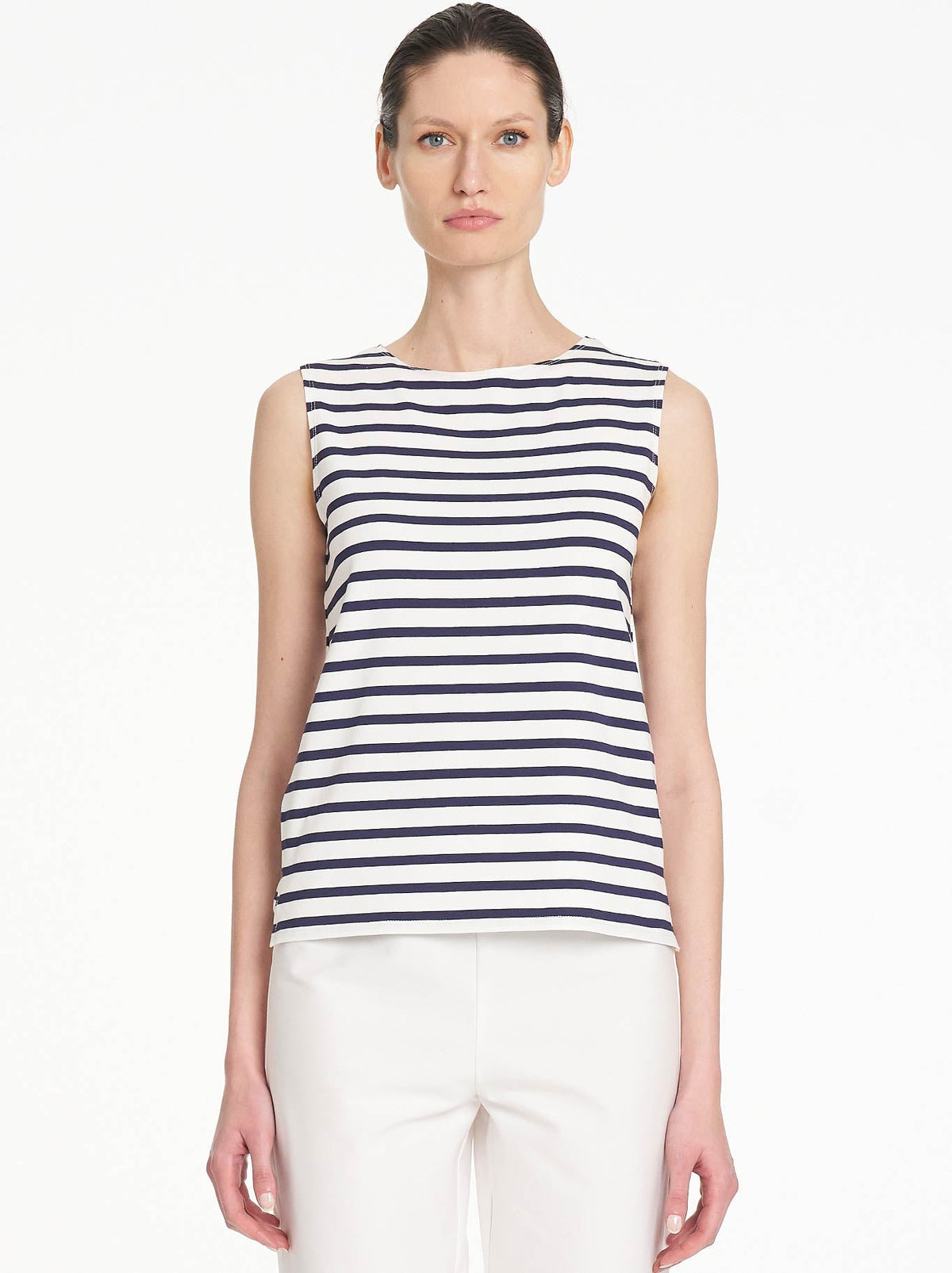 Image of a model wearing Tops. Product name - Mela Purdie Palazzo Shell in Whi/Ink colour by brand - Mela Purdie