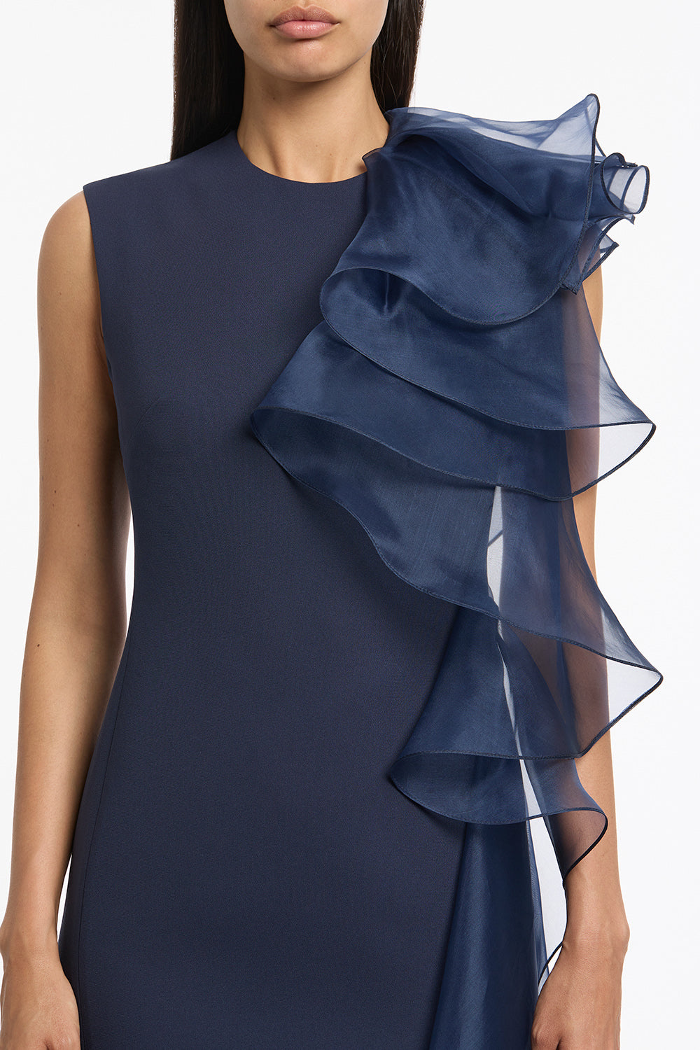 Carla Zampatti Crepe Ruffle Shoulder Gown (Navy)
