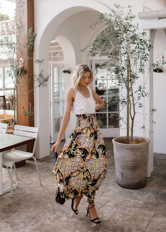 Lou Lou Lily Silk Maxi Skirt (Black Leaf)