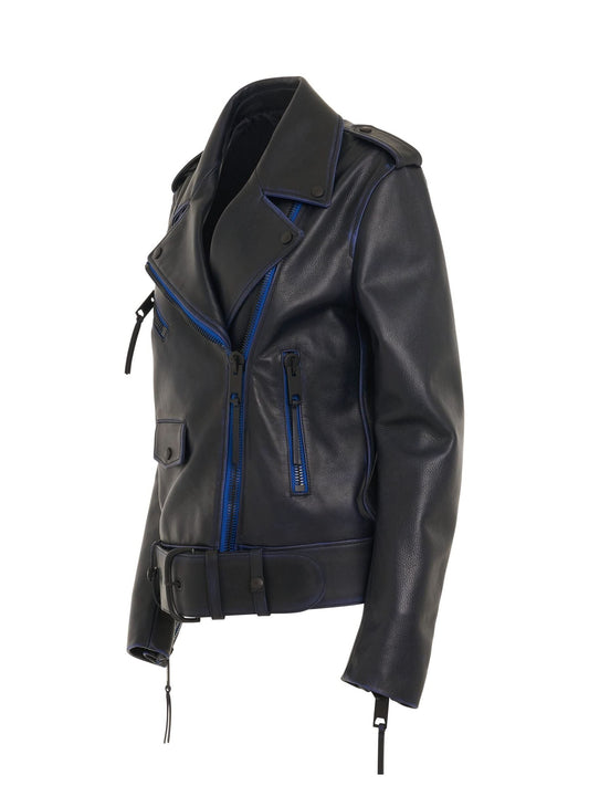 OFF-WHITE Vintage Oversize Leather Biker Jacket (Blue)