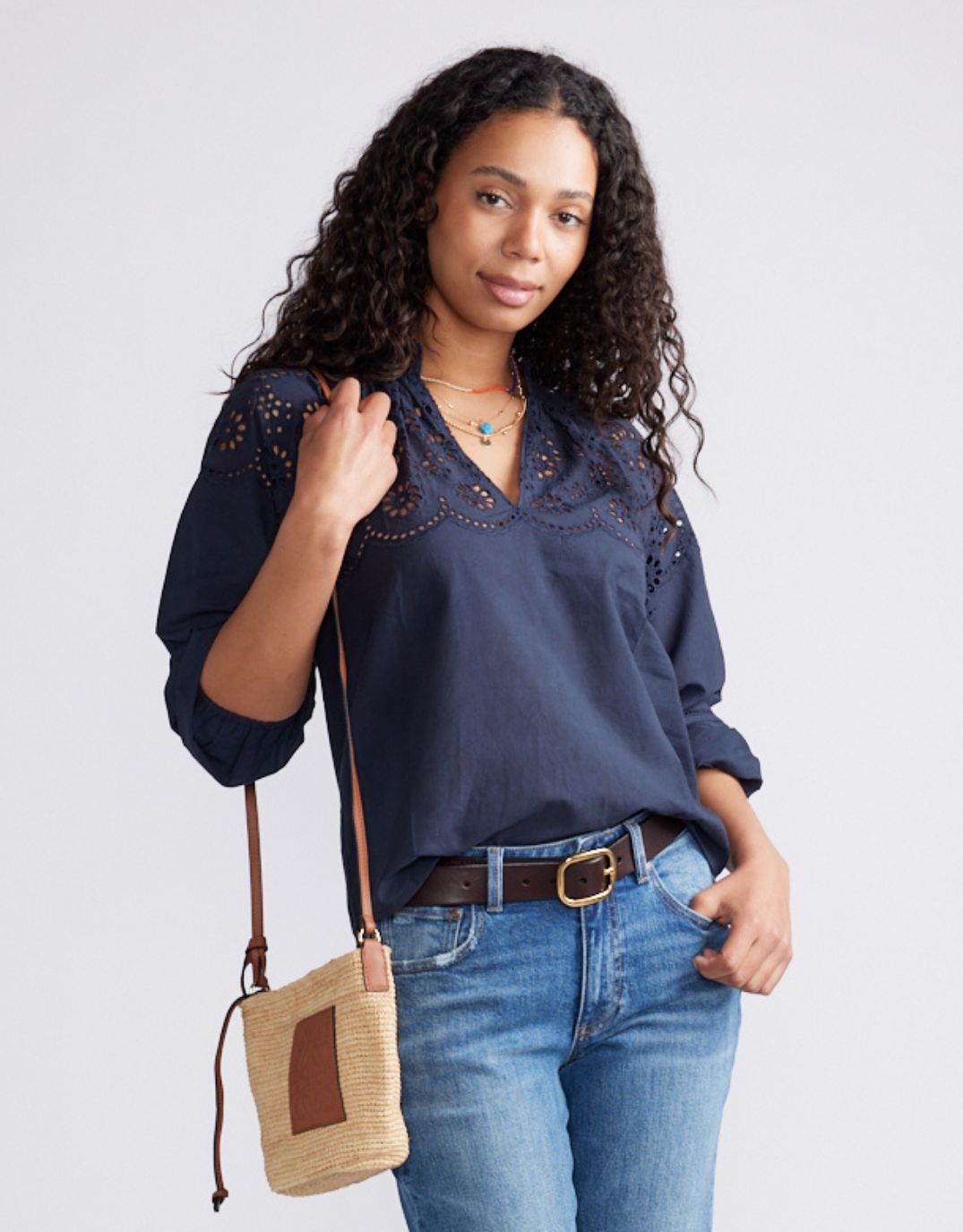 White & Co. Fleur Broderie Blouse (Navy)