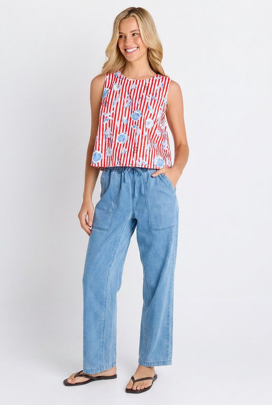 Image of a model wearing Tops. Product name - Amalfi Tank Amalfi Print in Amalfi Print colour by brand - Betty Basics