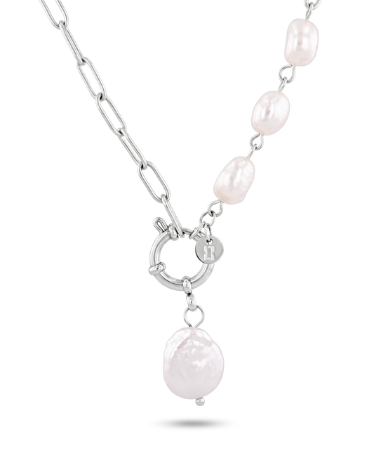 Image of Necklaces. Product name - Positano Silver Pearl Necklace in colour by brand - LAVANA
