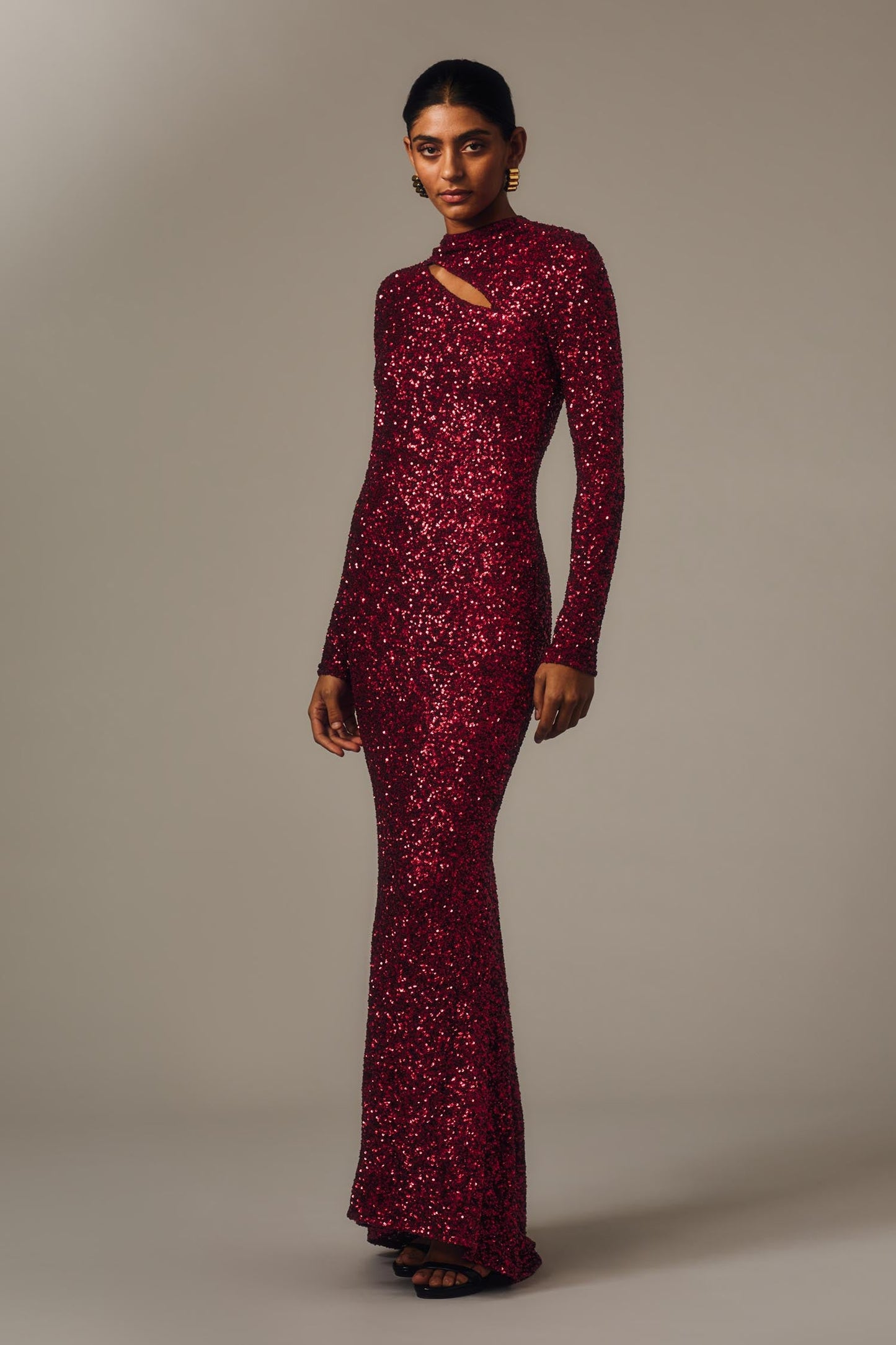 Carla Zampatti Cherry Crushed Sequin Long Sleeve Gown (Red)