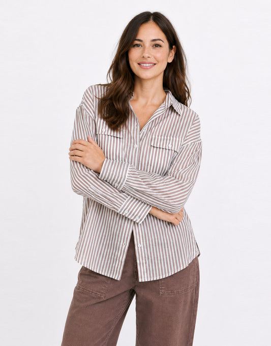 Stories Be Told Preppy Pocket Front Shirt (Chocolate Stripe)