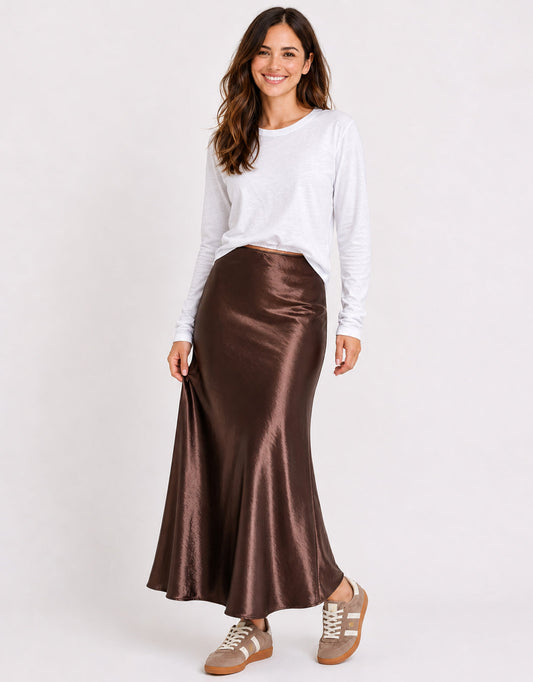 Stories Be Told Prodigy Satin Bias Cut Maxi Skirt (Chocolate)