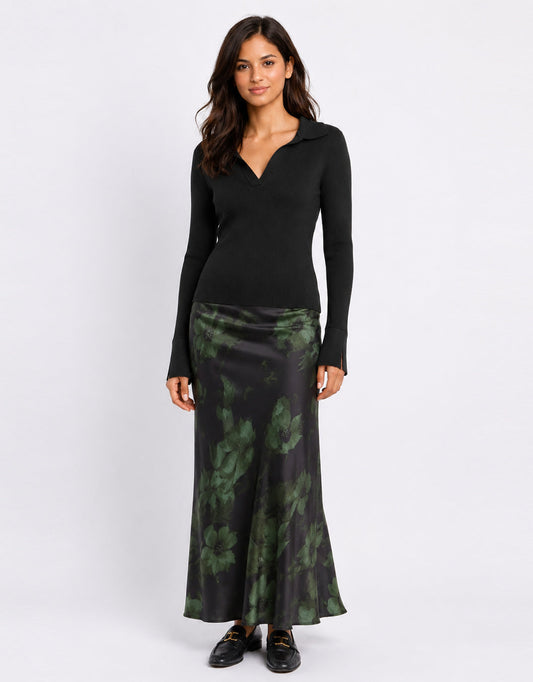 Stories Be Told Prodigy Satin Bias Cut Maxi Skirt (Green Shadow Garden)