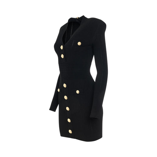 BALMAIN V-Neck Buttoned Knit Short Dress (Black)