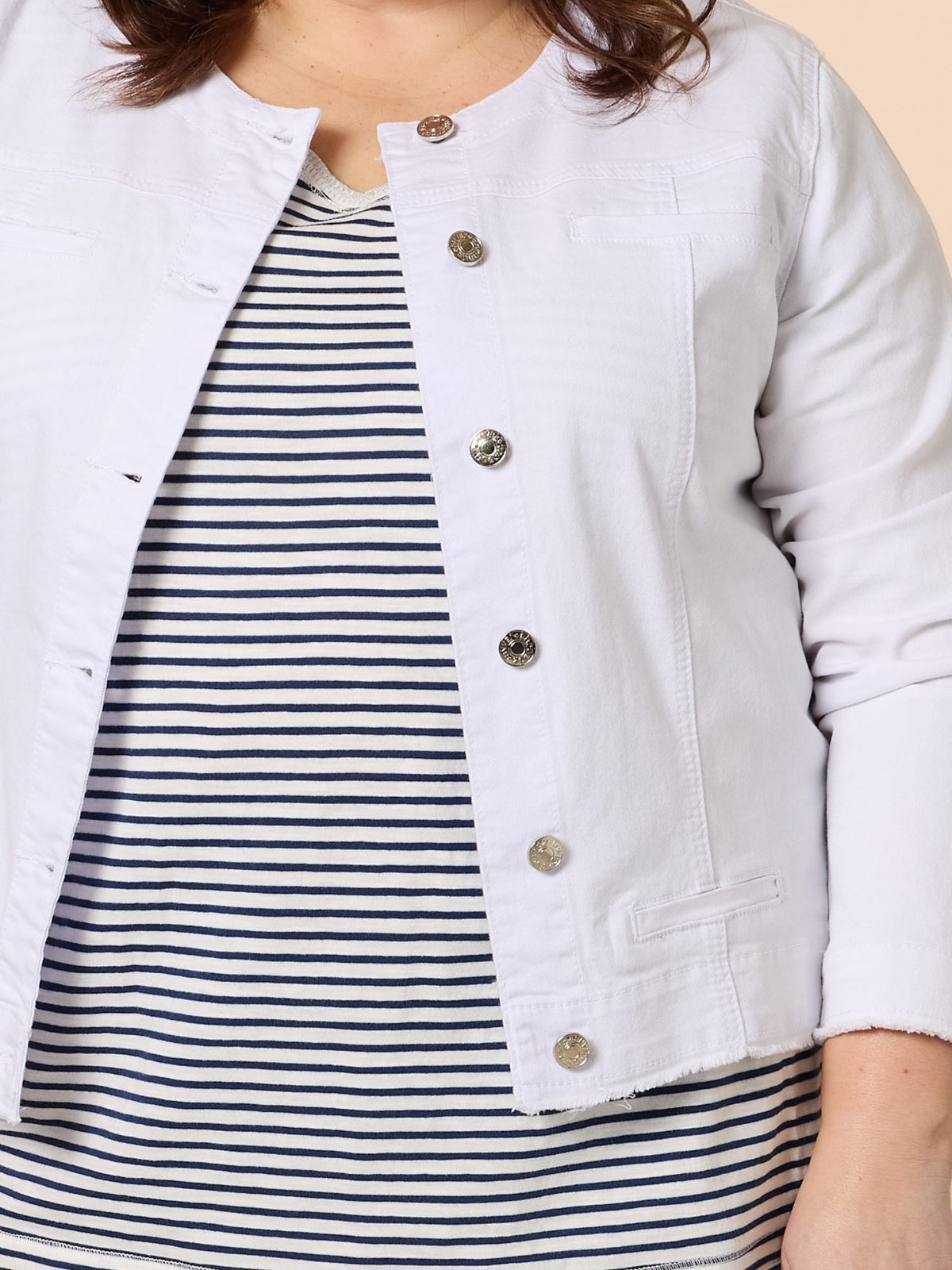 Threadz Collarless Frayed Hem Denim Jacket (White)