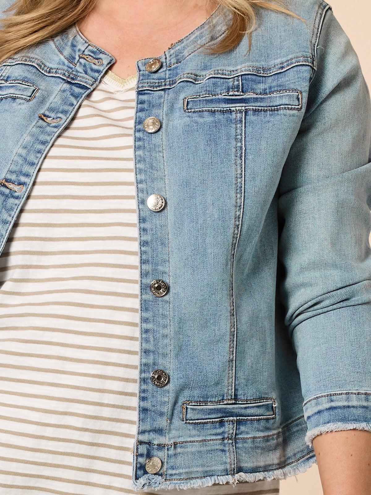 Threadz Collarless Frayed Hem Jacket (Denim)