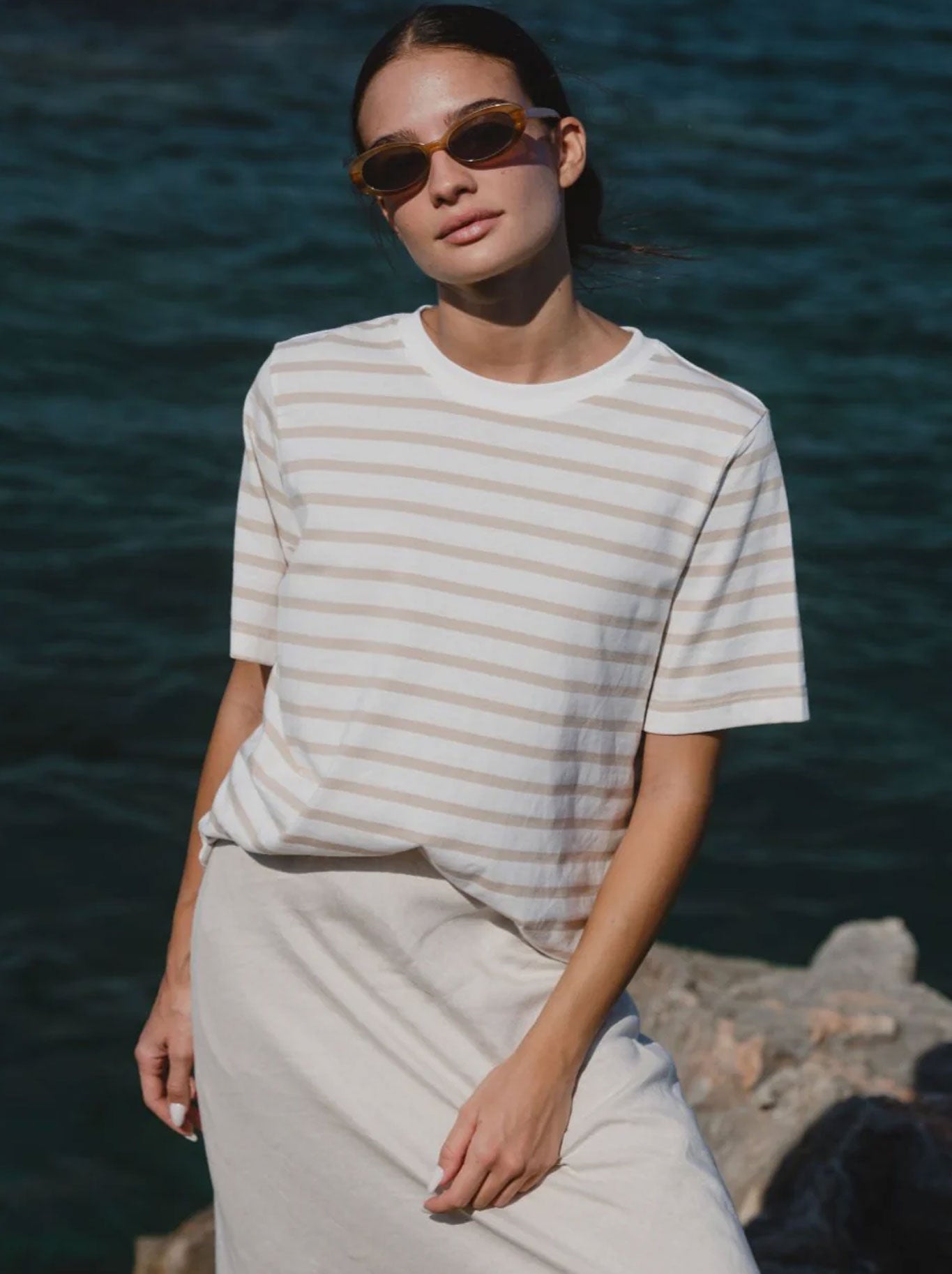 RE:UNION THE LABEL BINDING STRIPE BOXY FIT TEE (White Natural)