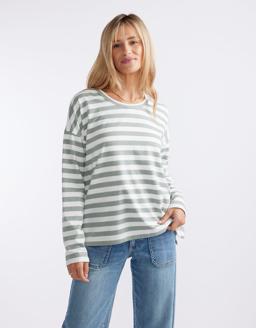 White & Co. Relaxed Long Sleeve T-Shirt (Sage/Cream)