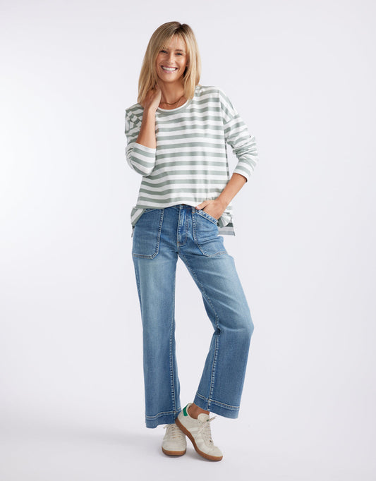 White & Co. Relaxed Long Sleeve T-Shirt (Sage/Cream)