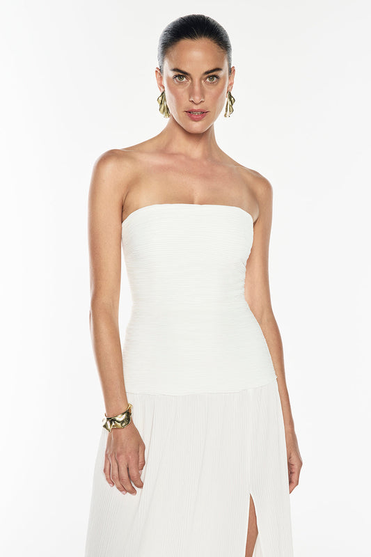 Double Time Pleat Strapless Dress (White)
