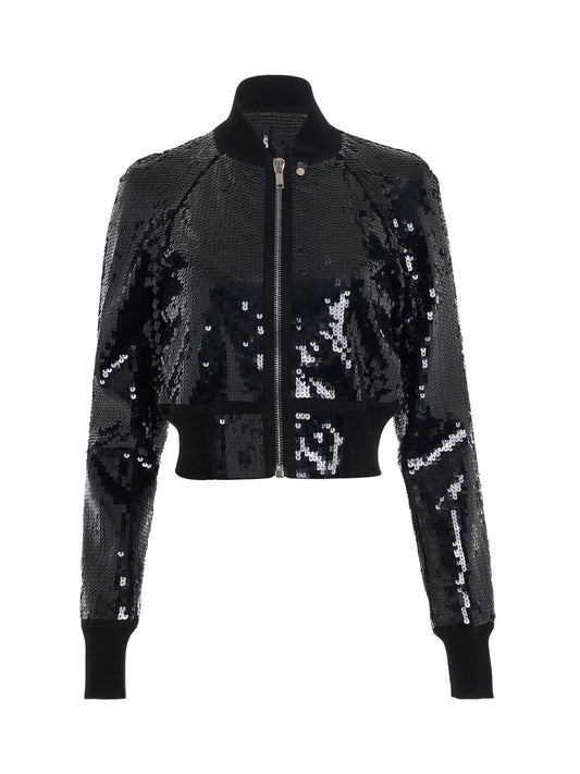 Image of a model wearing Outerwear. Productname: RICK OWENS Cropped Flight Embroidered Bomber Jacket in Black colour by brand - RICK OWENS