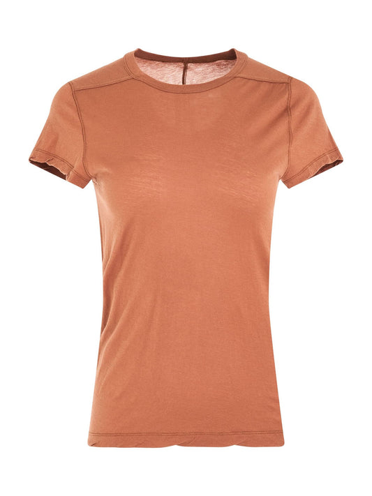 Image of a model wearing Tops. Productname: RICK OWENS Cropped Level T-Shirt in BROWN colour by brand - RICK OWENS