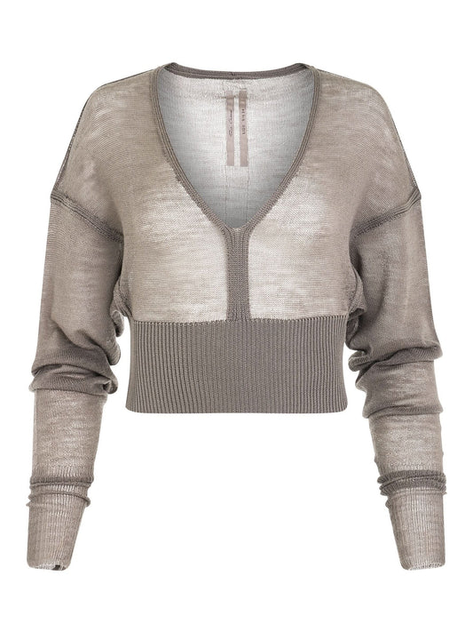 Image of a model wearing Outerwear. Productname: RICK OWENS Long Sleeve V Knit Sweater in Dust colour by brand - RICK OWENS