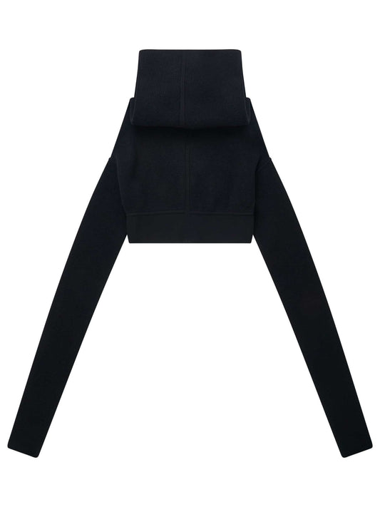 Image of a model wearing Outerwear. Productname: RICK OWENS Cowl Pull Knit Sweater in Black colour by brand - RICK OWENS