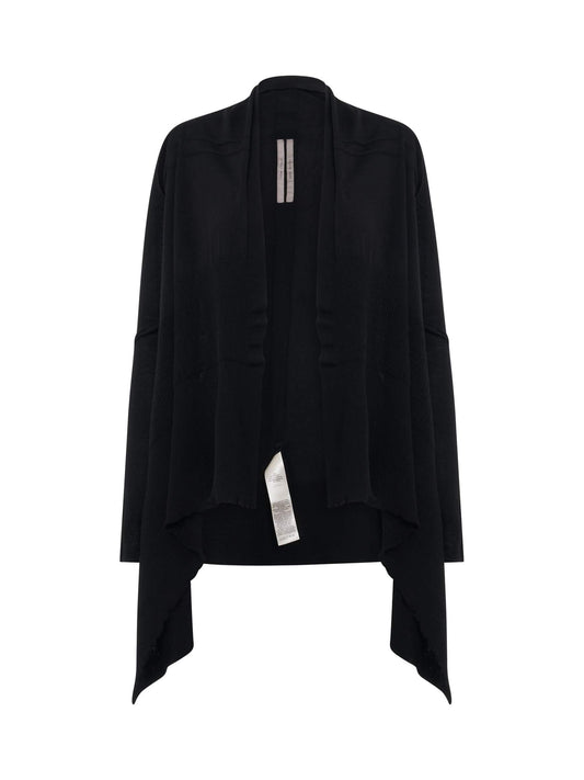 Image of a model wearing Outerwear. Productname: RICK OWENS Medium Wrap Cape Knit Cardigan in BLACK colour by brand - RICK OWENS