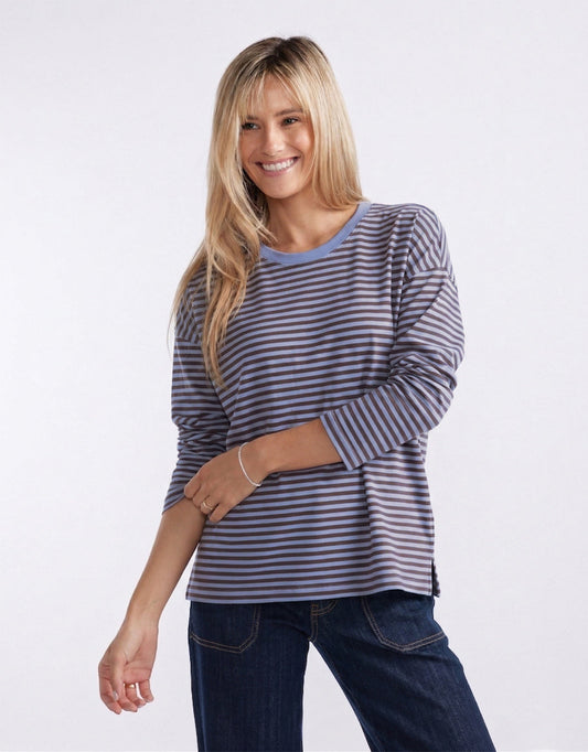 White & Co. Relaxed Long Sleeve T-Shirt Blue/Chocolate (Blue/Choco)