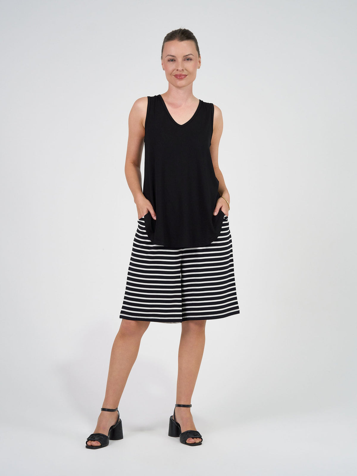Lou Lou Simone Wide Leg Bamboo Shorts (Black & White Stripe)