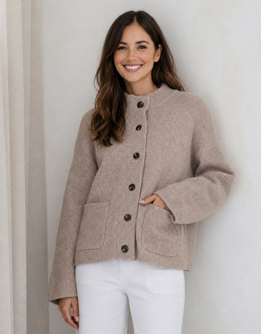 132 Fashion Romy Wool Blend Funnel Neck Cardigan (Warm Beige)
