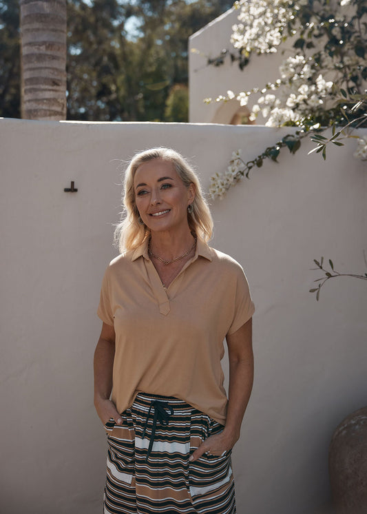 Lou Lou Rush Bamboo Short Sleeve Collared Polo Top (Tan)