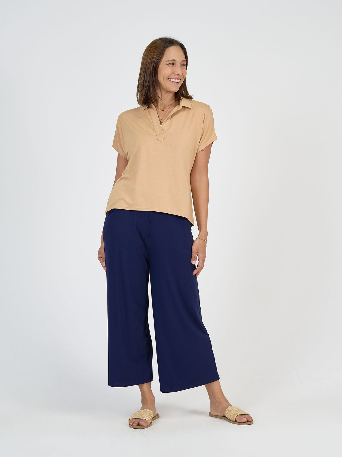 Lou Lou Rush Bamboo Short Sleeve Collared Polo Top (Tan)