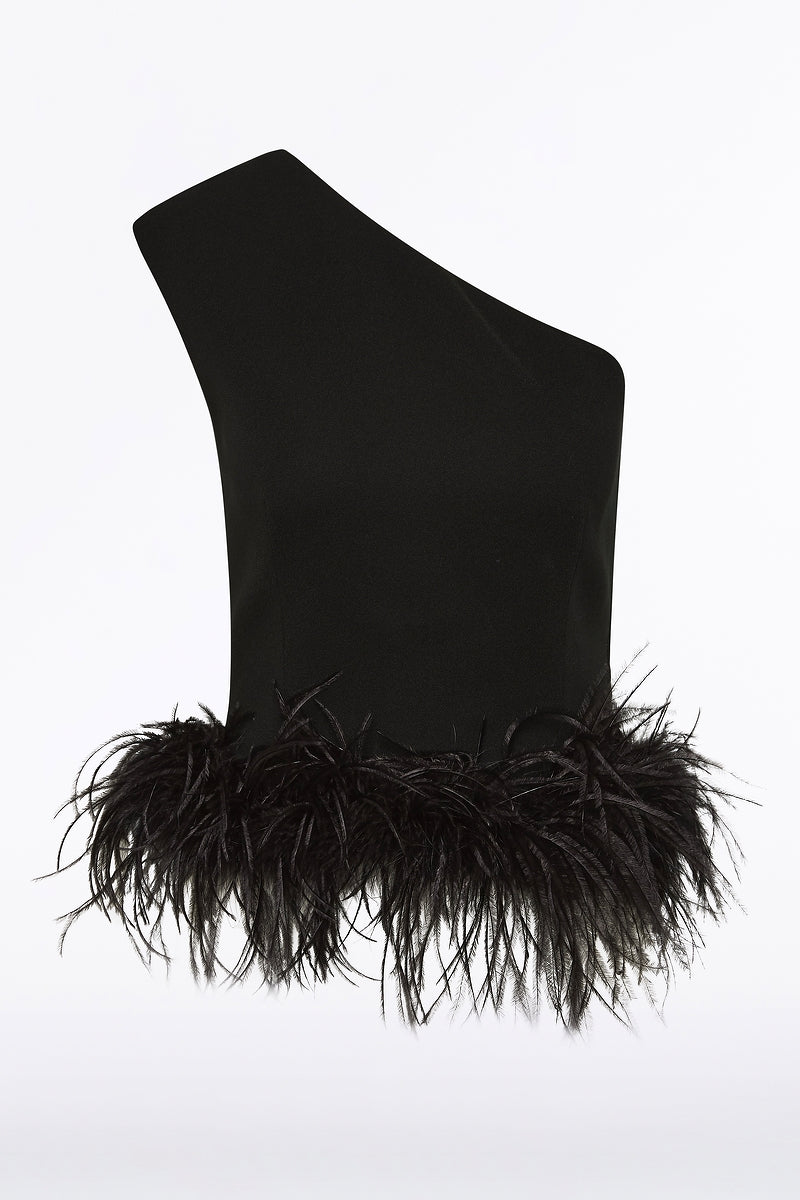 Carla Zampatti Crepe Cropped Feather Trimmed Bodice (Black)