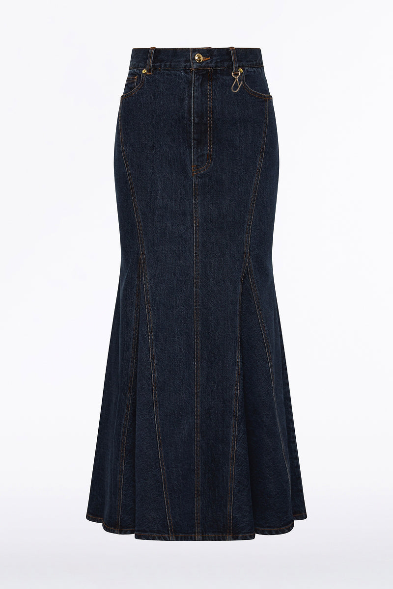Carla Zampatti Dark Indigo Panel Denim Skirt (Blue)