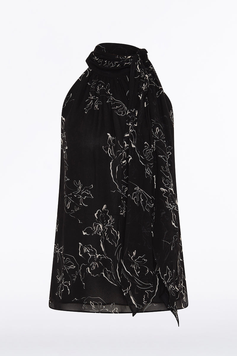 Carla Zampatti Linear Floral Gathered Halter Top (Black)