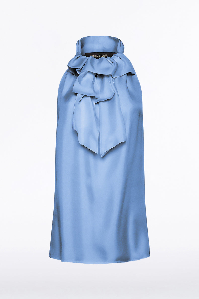 Carla Zampatti Steel Silk Twill Ruffle Halter Top (Blue)