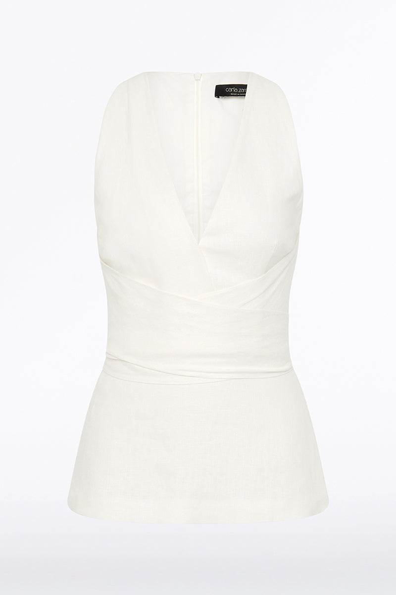 Carla Zampatti Ivory Linen V-Neck Wrap Top (White)