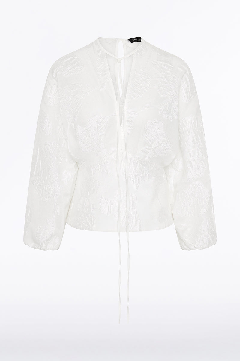 Carla Zampatti Mesh Jacquard Puff Sleeve Blouse (White)
