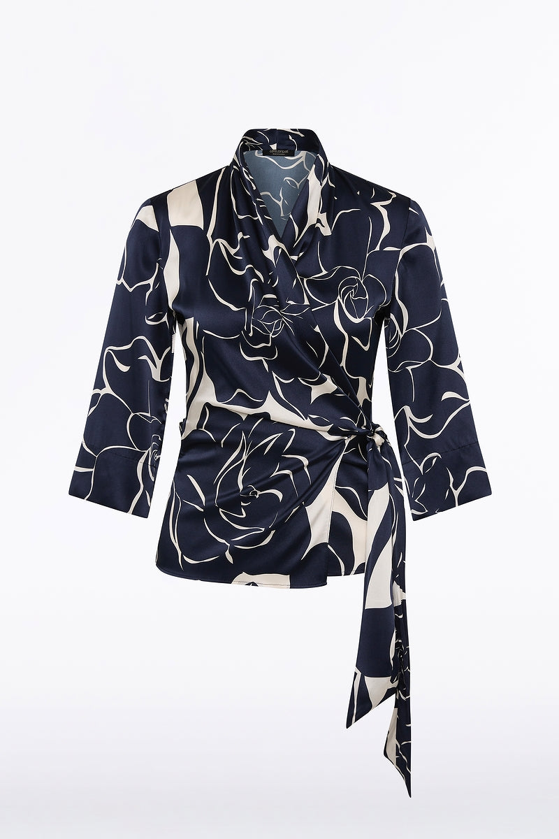 Carla Zampatti Celestial Petals Silk Viscose Wrap Top (Navy)