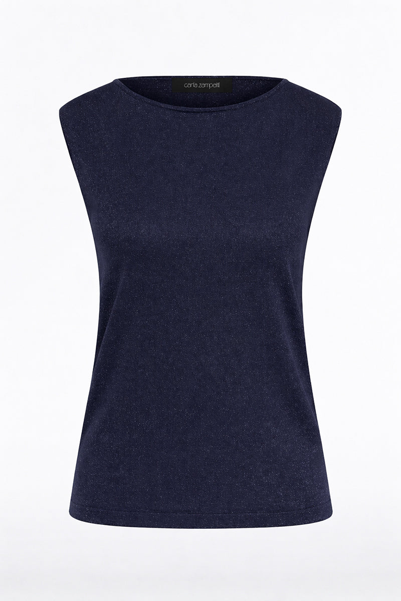Carla Zampatti Metallic Knit Cap Sleeve Top (Navy)