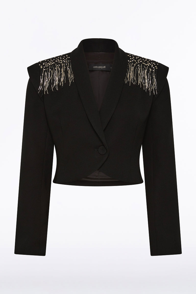 Carla Zampatti Crepe Fringe Cropped Jacket (Black)