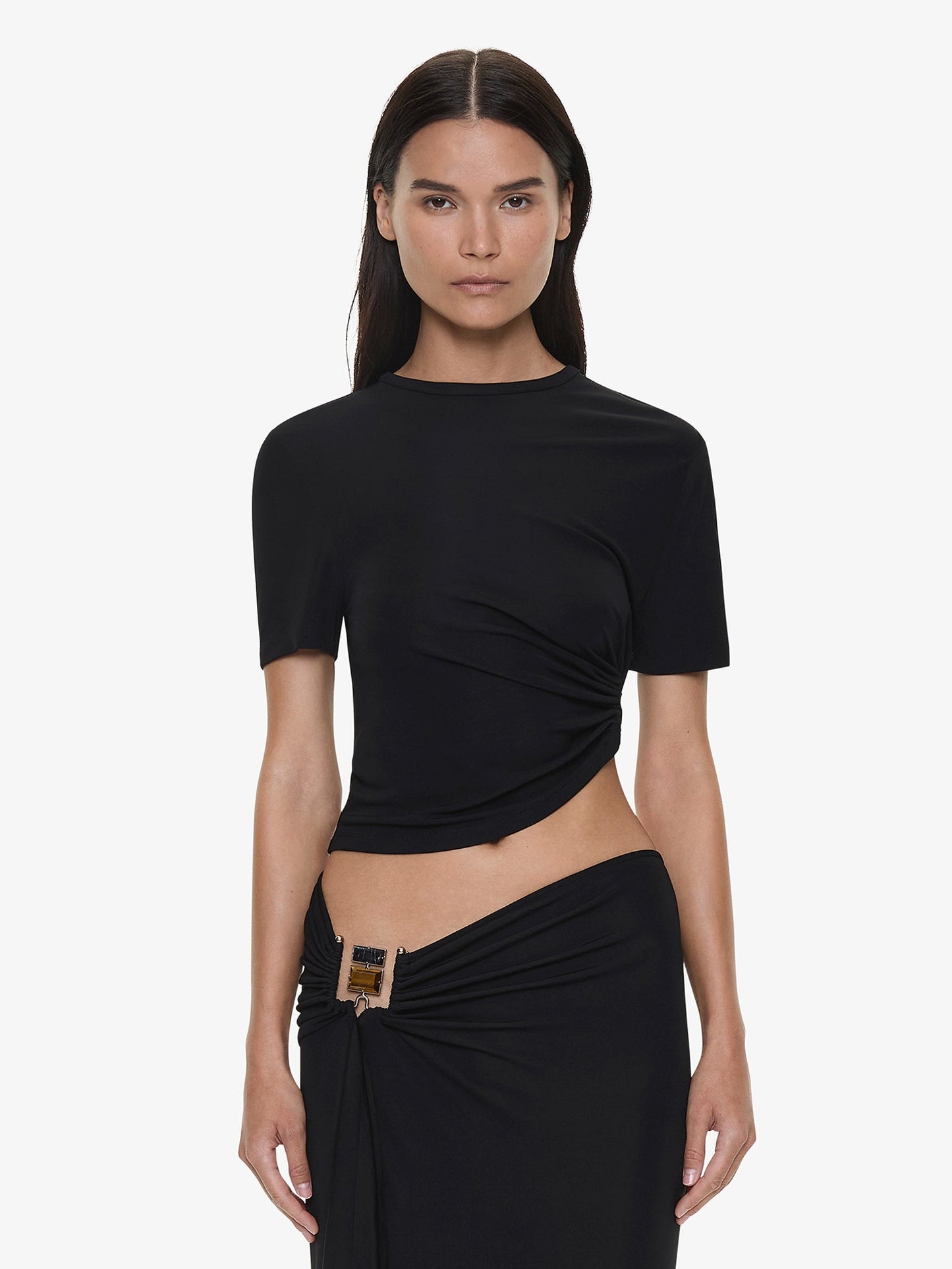 Image of T-Shirts. Productname: Bezel Quartz Ruched Tee in Black colour by brand - CHRISTOPHER ESBER