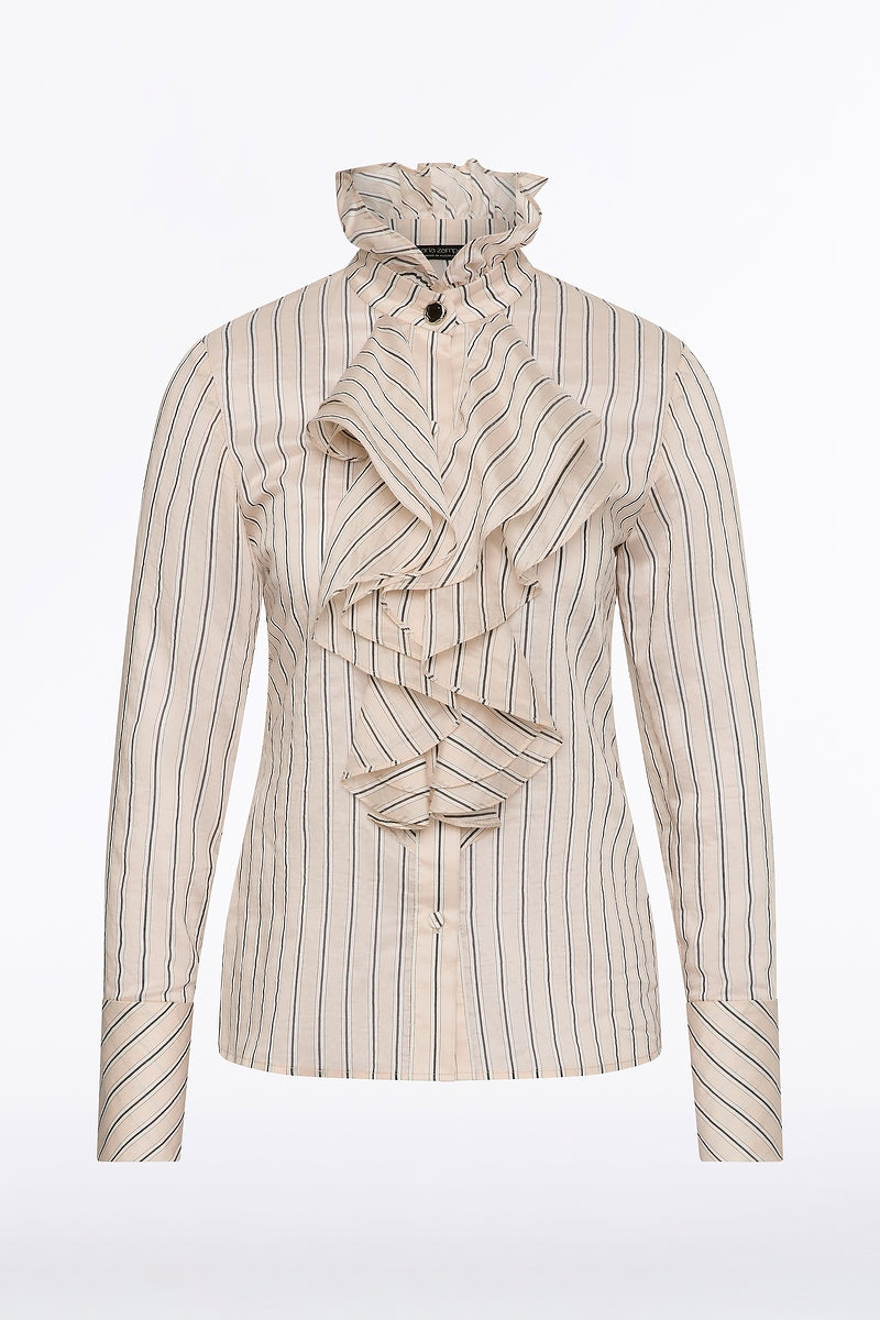 Carla Zampatti Beige Silk Tencel Stripe Frill Front Shirt (Pink)