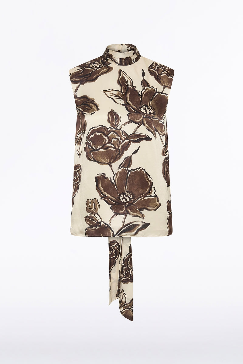 Carla Zampatti Mocha Bouquet Silk Viscose Tie Neck Top (Brown)