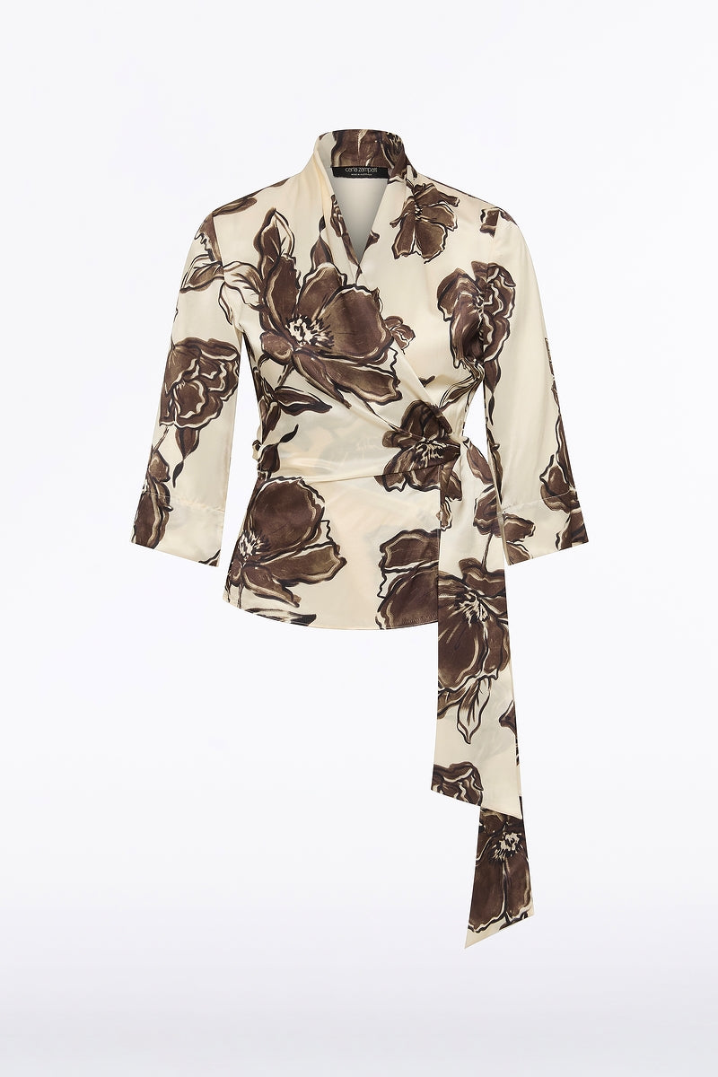 Carla Zampatti Mocha Bouquet Silk Viscose Wrap Top (Brown)