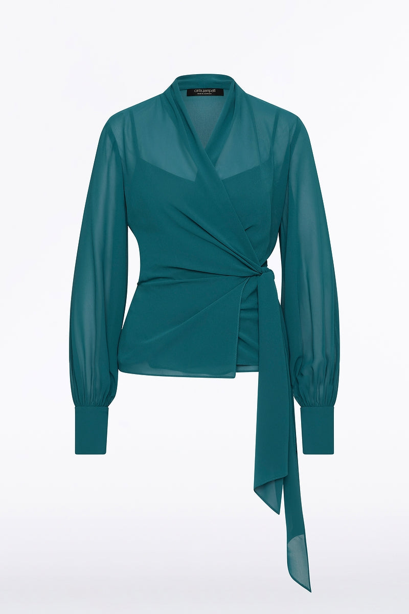 Carla Zampatti Serpentine Georgette Long Sleeve Wrap Top (Green)