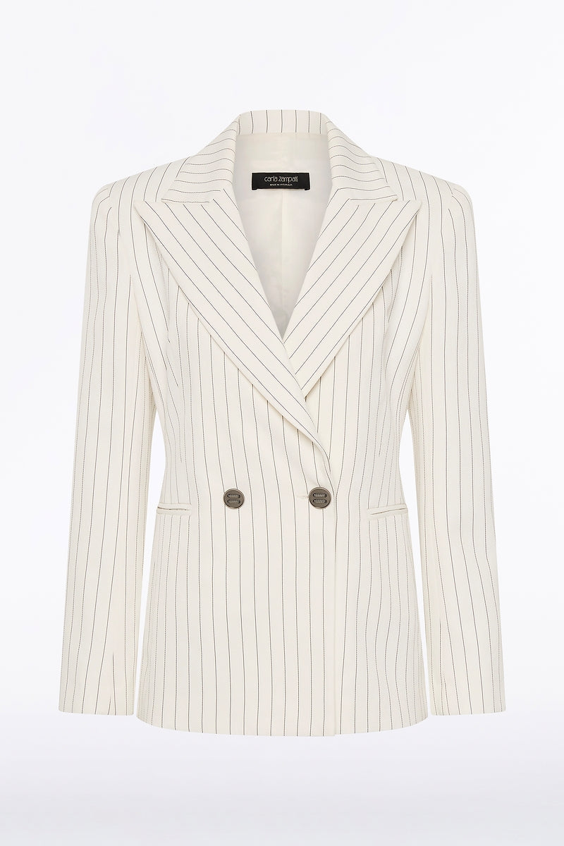 Carla Zampatti Pinstripe Linen Double Breasted Jacket (Ivory)