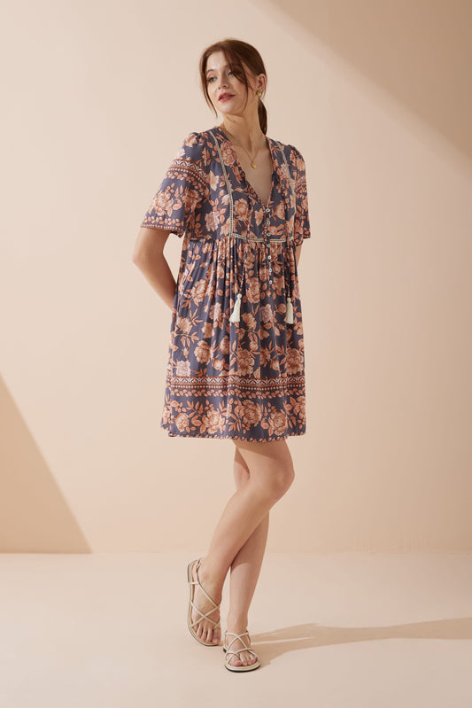 Heychic Amarante Peach Floral Boho V-Neck Mini Dress (Navy)