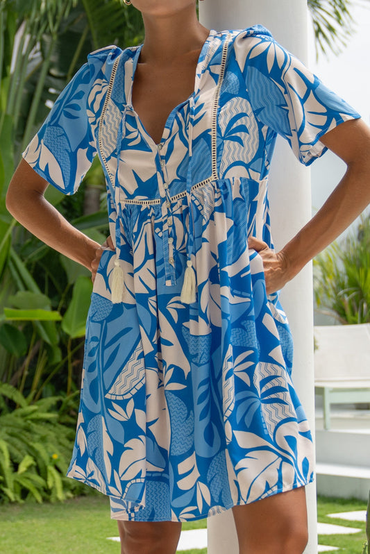 Heychic Vale Tropical V-Neck Mini Dress (Blue)