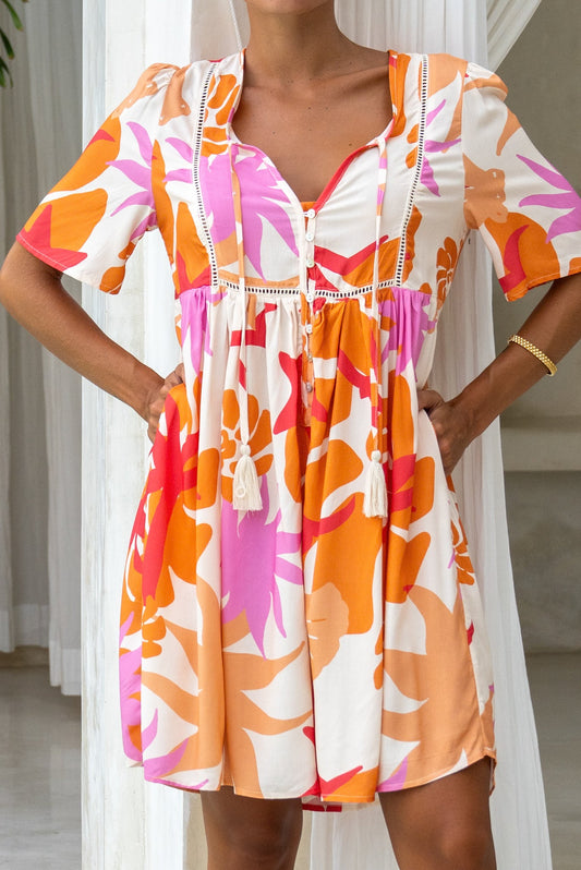 Heychic Calinda Abstract V-Neck Mini Dress (Orange)