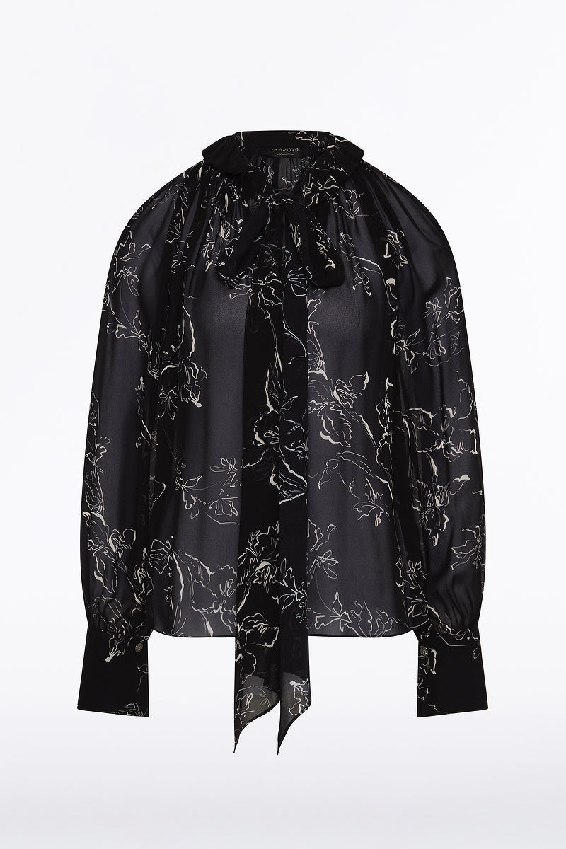 Carla Zampatti Linear Floral Ruffle Blouse (Black)