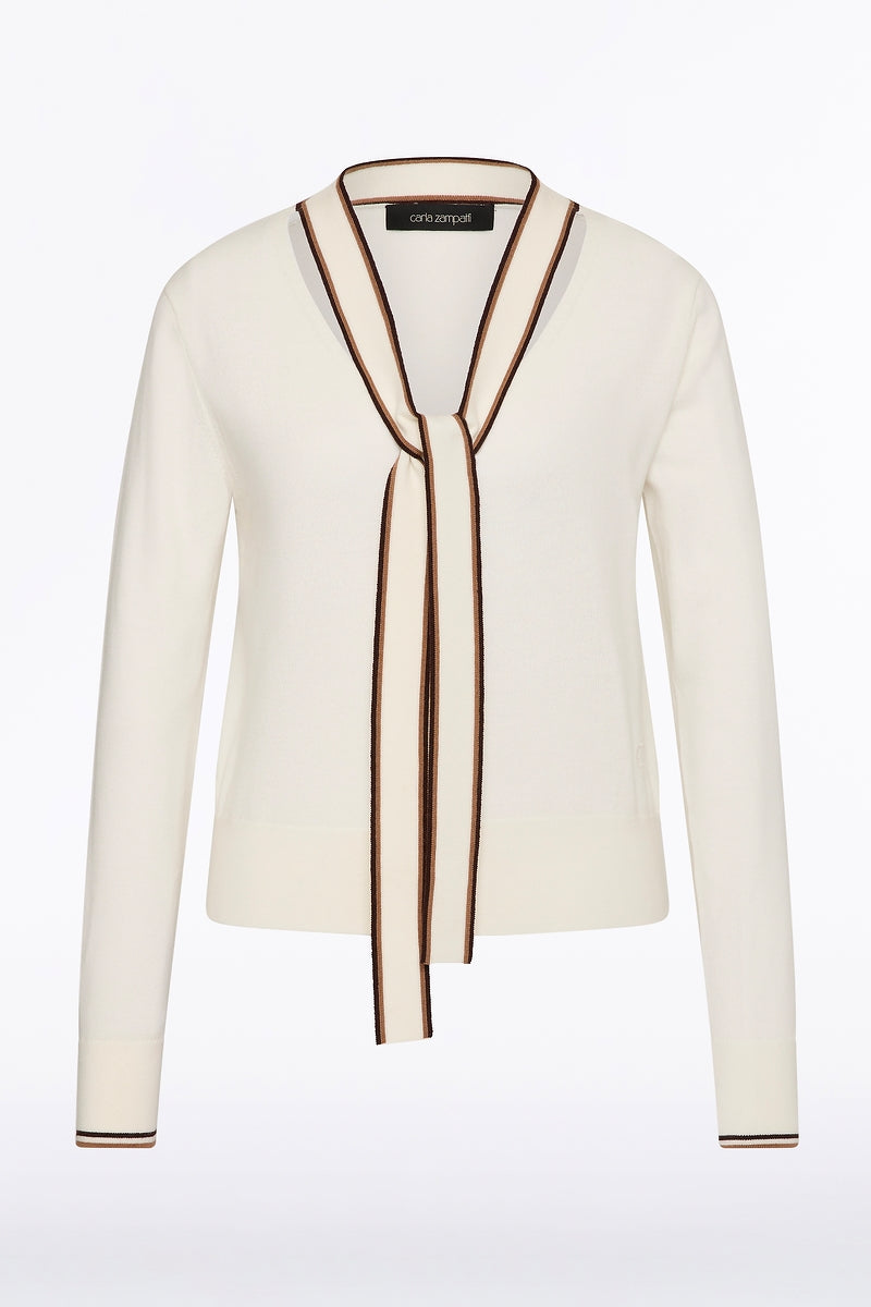 Carla Zampatti Ivory Merino Tipped Tie Neck Knit Top (White)