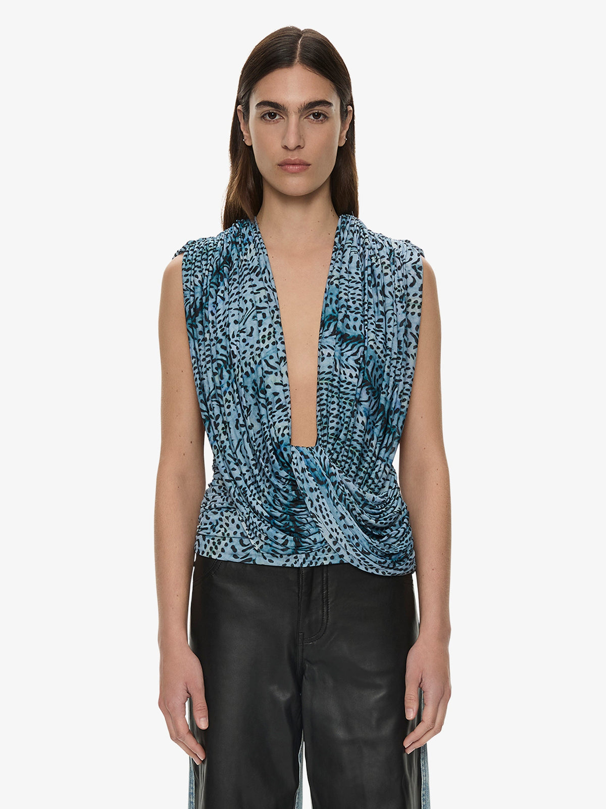 Image of a model wearing Tops. Product name - Ripple Drape Top in Petrol colour by brand - CHRISTOPHER ESBER