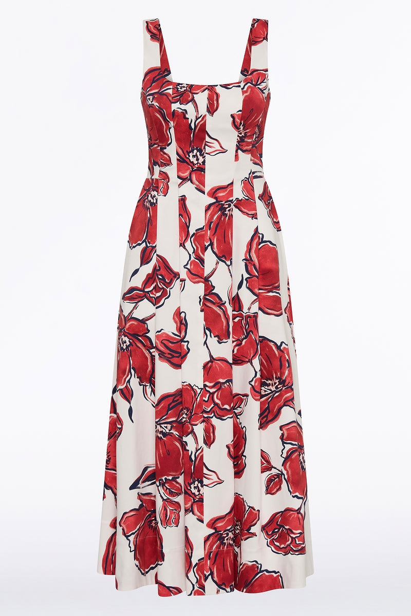 Carla Zampatti Crimson Bouquet Sateen Panelled Midi Dress (Red)